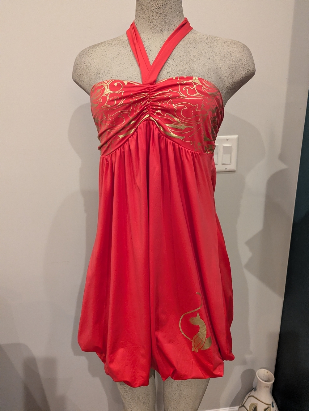 Baby Phat Halter dress With Gold Cat Logo hot pink Bubble Hem Y2K 2000s Sz L